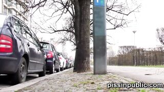 Desperate girls find a hideaway inside a busy city to squat down and peeing