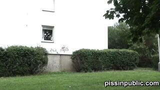 Desperate girls are peeing inside front of their neighbours house