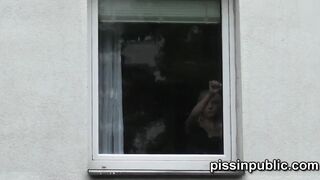 Desperate girls are peeing inside front of their neighbours house