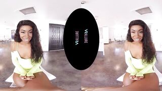 Petite black Beauty plays with her sex toys inside virtual reality