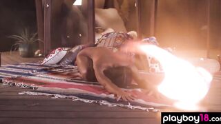 Flexible cougar yoga instructors Daniella Smith naked workout at night outdoors