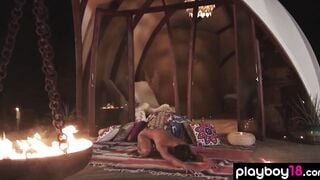 Flexible cougar yoga instructors Daniella Smith naked workout at night outdoors