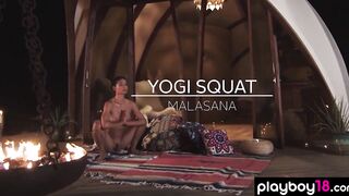 Flexible cougar yoga instructors Daniella Smith naked workout at night outdoors