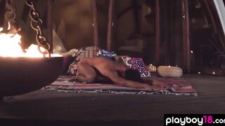 Flexible cougar yoga instructors Daniella Smith naked workout at night outdoors