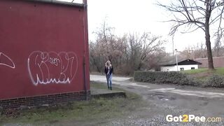 Bombshell Blonde Inside Denim Caught Pee Outdoor