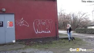 Bombshell Blonde Inside Denim Caught Pee Outdoor