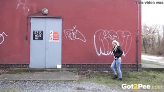 Bombshell Blonde Inside Denim Caught Pee Outdoor