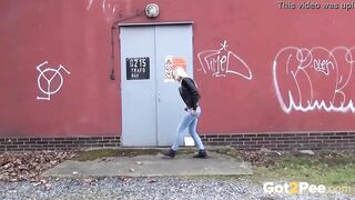 Bombshell Blonde Inside Denim Caught Pee Outdoor