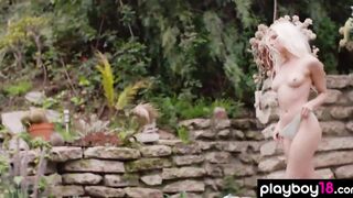 Slim blondie July Miller loves being naked inside the forest