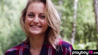 Slim blondie July Miller loves being naked inside the forest