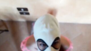 Wearing pink fishnet catsuit and pink platform ankle boots. Hard pov fellatio