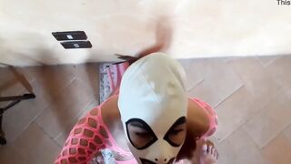 Wearing pink fishnet catsuit and pink platform ankle boots. Hard pov fellatio