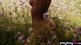 babe hungarian Hottie Natalie Costello stripping at a flowery field outdoors