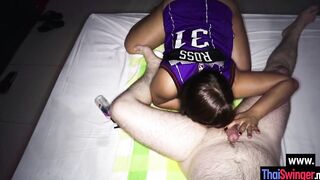 Bombshell amateur chinese hoe Beer sucking off white penis after she strokes men body