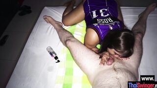 Bombshell amateur chinese hoe Beer sucking off white penis after she strokes men body