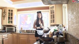 Young dark hair cleaning lady in fishnet tights seduced