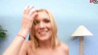 Blonde slut with big natural breasts getting a facial creampie