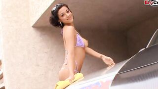 Petite dark hair Latina with good Goddess melons does Bae car wash
