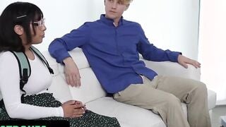 Family Massage - Gigantic Breasts 19 yo Lets Her Turned On Step Brother Finger Banged Her And Swallows His Cum