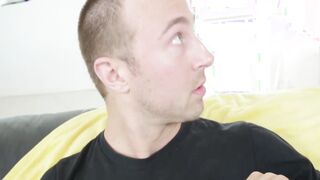 Busty blonde MILF gives an awesome blowjob on a sofa