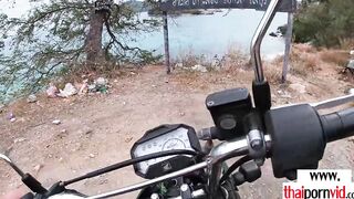 Amateur Thai teens Cherry sucking off a long white cock outdoors