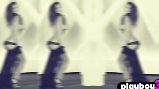 Adorable dark hair beauty reveal her nice nude body after Cutie striptease action