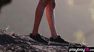 Slender runner Cutie Ilvy Kokomo stripping during workout outdoors