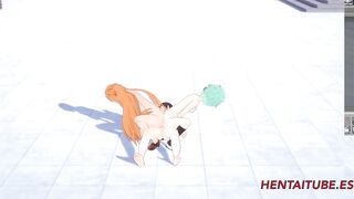Sword Art Online Cartoon 3D - Three-Way, Asuana and Asada masturbate Kirito with their butt and he jizzes on her buttocks - Japanese Cartoon Manga Anime Porn