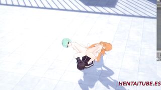 Sword Art Online Cartoon 3D - Three-Way, Asuana and Asada masturbate Kirito with their butt and he jizzes on her buttocks - Japanese Cartoon Manga Anime Porn
