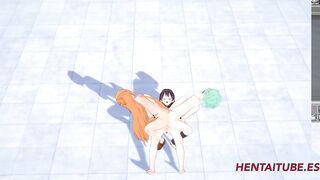 Sword Art Online Cartoon 3D - Three-Way, Asuana and Asada masturbate Kirito with their butt and he jizzes on her buttocks - Japanese Cartoon Manga Anime Porn