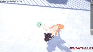 Sword Art Online Cartoon 3D - Three-Way, Asuana and Asada masturbate Kirito with their butt and he jizzes on her buttocks - Japanese Cartoon Manga Anime Porn