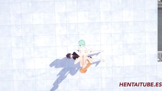 Sword Art Online Cartoon 3D - Three-Way, Asuana and Asada masturbate Kirito with their butt and he jizzes on her buttocks - Japanese Cartoon Manga Anime Porn