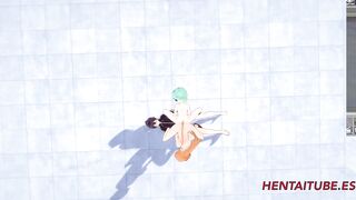 Sword Art Online Cartoon 3D - Three-Way, Asuana and Asada masturbate Kirito with their butt and he jizzes on her buttocks - Japanese Cartoon Manga Anime Porn