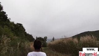 Amateur Thai teenagers Cherry nailed by a huge white penis from behind outdoors