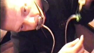 bi-curious mark wright swollows a 180 ml of his own piss threw a private piss tube