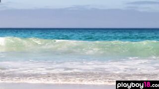 Slender ukrainian sexy Sofi Ka with tiny boobs stripping on the beach