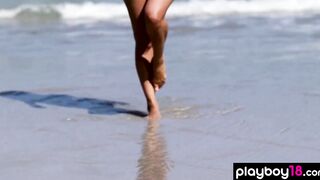 Slender ukrainian sexy Sofi Ka with tiny boobs stripping on the beach