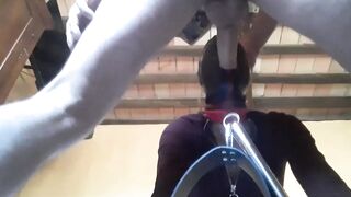 Bound to a machine, masked and hooded, she has to suck a long penis