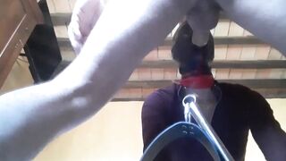 Bound to a machine, masked and hooded, she has to suck a long penis