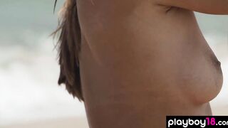 Great all natural ukrainian Nicole Fox teasing and stripping on the beach