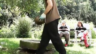 Submissive gardener toyed around by two fatties