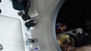 After fucking in the WC he cums on her jugs