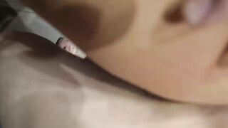 After fucking in the WC he cums on her jugs