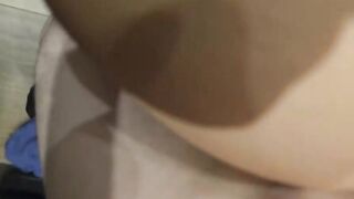 After fucking in the WC he cums on her jugs