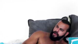 Hairy hunk masturbates and cums while bare drilled hard