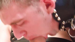 Homosexual leather couple nailed into bareback anal sex into leather mask