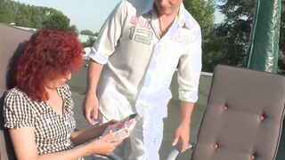 Thin red haired housewife fucking public at the terrace