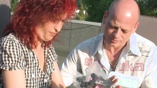 Thin red haired housewife fucking public at the terrace