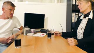 Older German skank fucking inside her Nylon underwear during the roleplay into hr Office