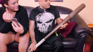 Fat housewife with natural jugs wants a baseball bat inside her twat